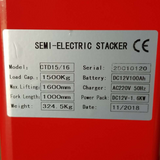 1.5Ton Semi-Electric Narrow Stacker 1.6M Lift