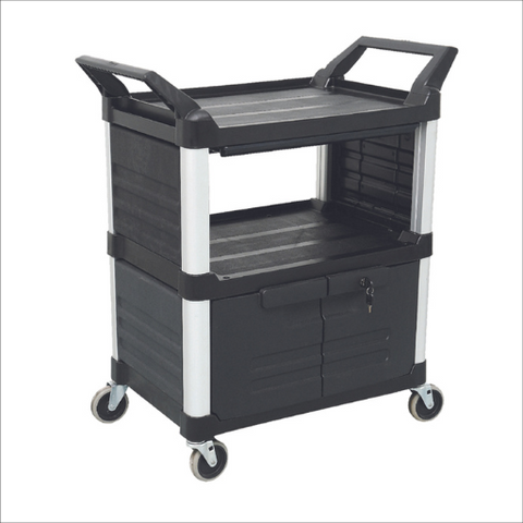90kg Hi-5 3 Shelf Utility Cart with Lockable Doors Sliding Drawer Black